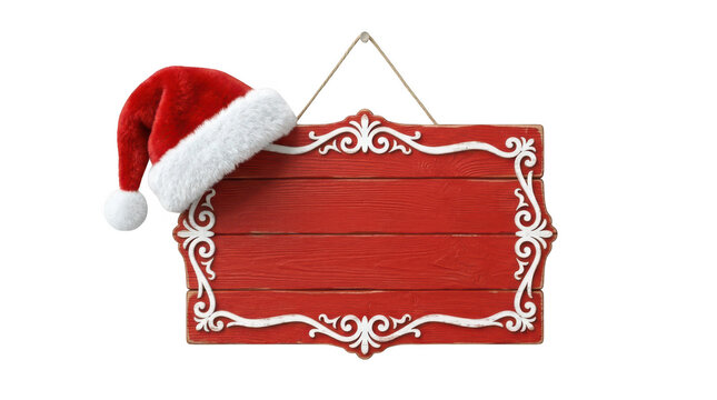Empty red wooden christmas sign with santa hat isolated on transparent background