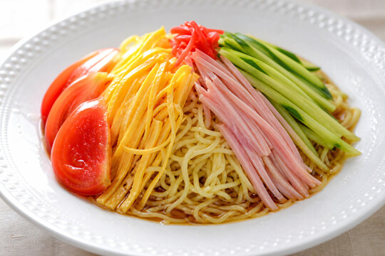 Japanese cold ramen noodles hiyashi chuka summer dish colorful toppings