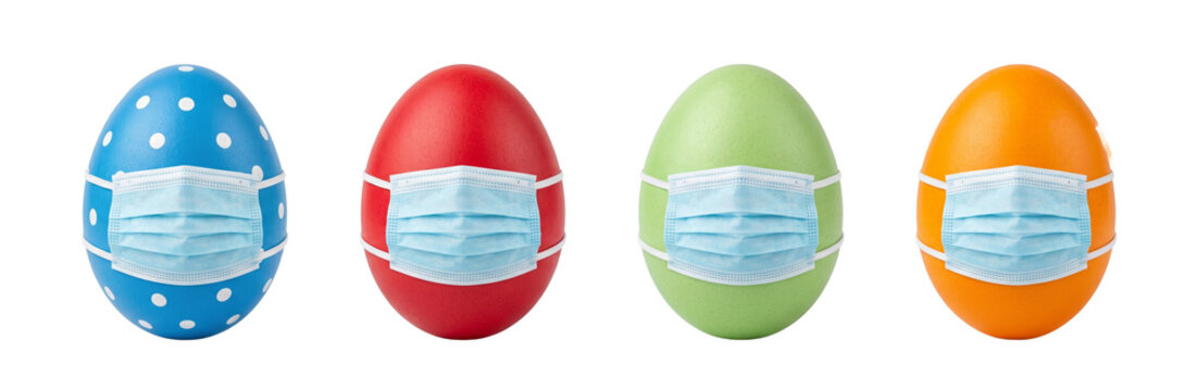 Easter eggs wearing protective face masks, symbolizing pandemic holiday celebrations.