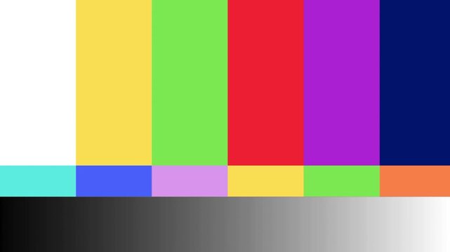 Vibrant television test pattern with classic color bars and grayscale for signal calibration, showcasing a universal broadcast quality control graphic and media display setup check