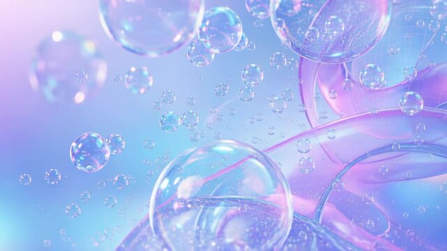 Abstract iridescent liquid shapes and floating transparent bubbles. Futuristic flow with glossy textures. Experimental digital art motion for a modern background