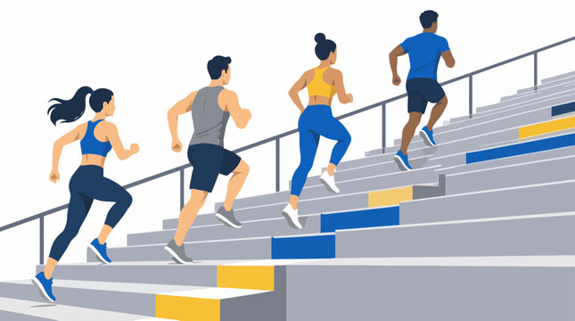 People running up outdoor stadium stairs for fitness training.