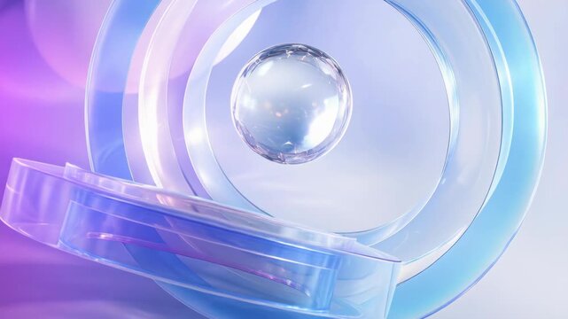 Transparent glass sphere floating through rings in iridescent light. Futuristic abstract background with circular shapes. Minimalist 3d geometric motion graphic