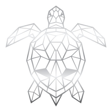 Abstract geometric sea turtle illustration in low poly style with grey gradient lines, isolated on a white background.