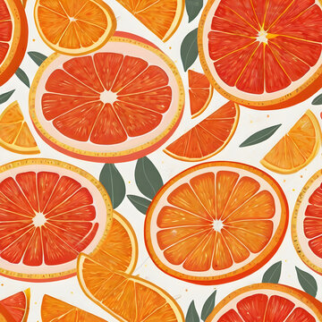 Seamless vector pattern bright abstract grapefruit and orange slices stylized geometric fruit vibrant coral peach and soft yellow refreshing summer kitchen