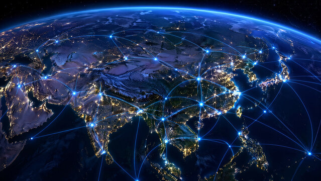 Global network connections over Asia and surrounding regions