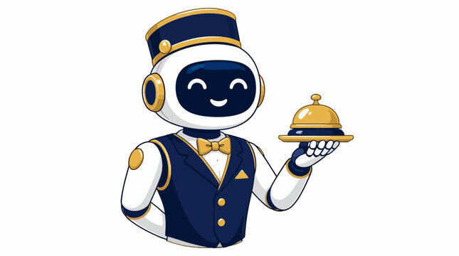 Cute robot concierge holding service bell