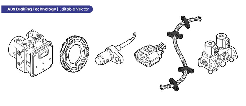 Car ABS Brake Components Vector Technical Line Art Diagram showing isometric auto parts like sensors, modulator valves, wiring harness, and tone ring wheels for automotive maintenance and engineering.