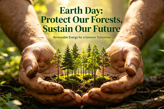 Earthy hands cupping soil and tiny sapling forest with Earth Day environmental slogan, soft sunlit woodland background focused on forest conservation and sustainable green living.