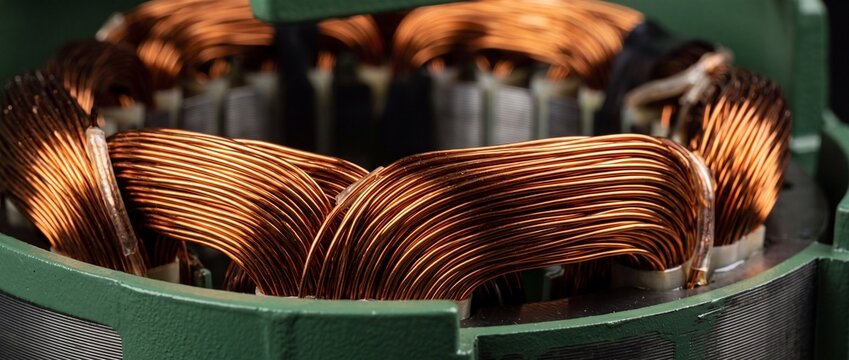 Close up of copper wire coils inside an electric motor showing intricate winding pattern for electromagnetic induction and power