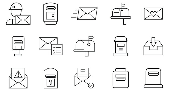 Collection of mail box icons. Containing delivery, post, bar code scan, send, stamp, communication, email, postal letter and more. Mailbox open envelope letter package slot delivery. Vector 