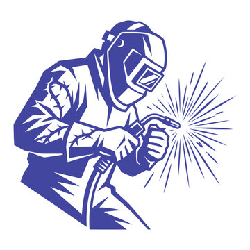 Welder at work blue line art illustration for industrial designs