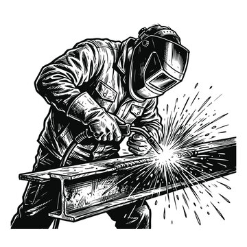 Welder at work vintage style engraving of industrial fabrication process