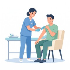 Obraz premium Vaccination Scene: A smiling healthcare professional administers a vaccine to a man seated in a chair, representing a moment of medical care and public health.