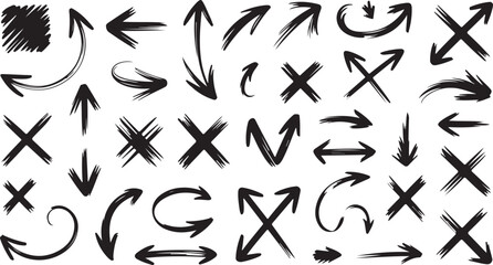 Fototapeta premium arrow ink brushstroke arrows x marks hand drawn symbols pack