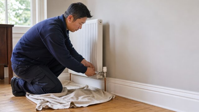 Heat Pump Retrofit Heating Technician Replaces Radiator Valve Occupied
