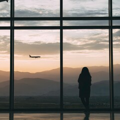 Fototapeta premium Travelers watch planes in the sky during sunset at an airport terminal with mountains in the background