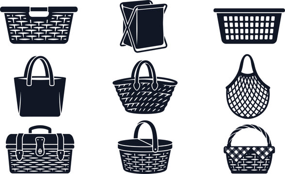Wicker and picnic baskets silhouette icon set vector illustration featuring different empty storage hampers
