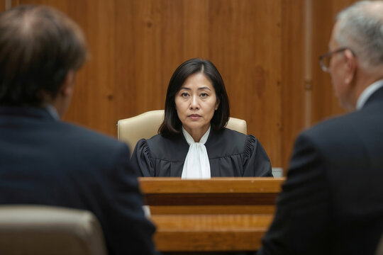 Portrait of woman Asian female judge listens to lawyers in the courtroom during a break in the trial