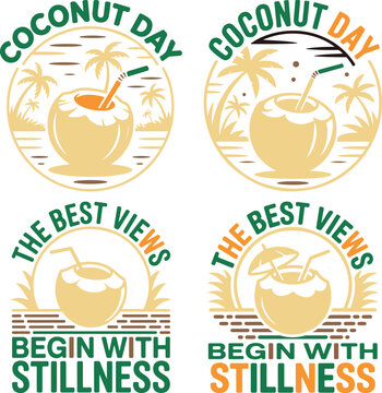 Four yellow coconut day and the best views begin with stillness text with palm trees and coconut drinks on transparent background  tropical vacation and relaxation concept