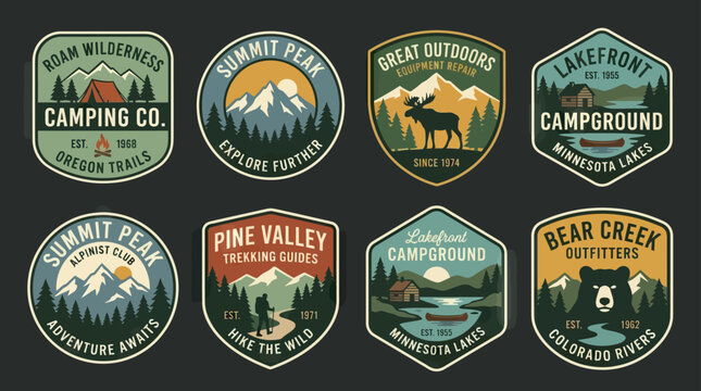 Vintage Outdoor Adventure Patches: Camping, Hiking, Mountains, Lakes, Wildlife