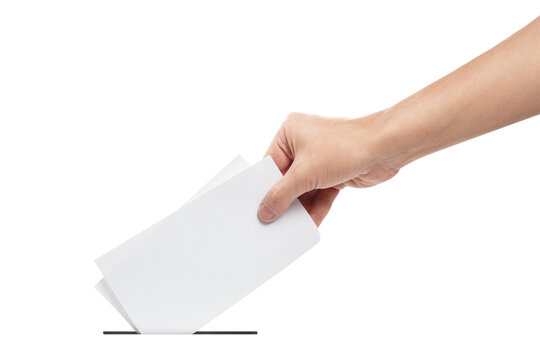 Hand inserting folded ballot paper into voting box slot, isolated on transparent cutout background
