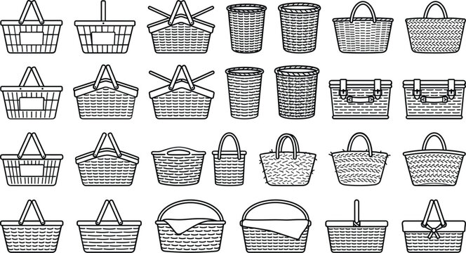 Wicker and picnic baskets outline icon set vector illustration featuring an assortment of empty hampers