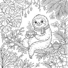 Fototapeta premium Cute sloth drinking tea in jungle coloring page