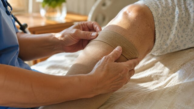 Nurse applying compression stocking to senior patient's leg
