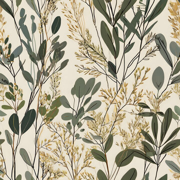 Seamless vector pattern minimalist eucalyptus leaves elegant fine line art drawing botanical illustration soft olive green and warm oat milk background clean scandinavian design