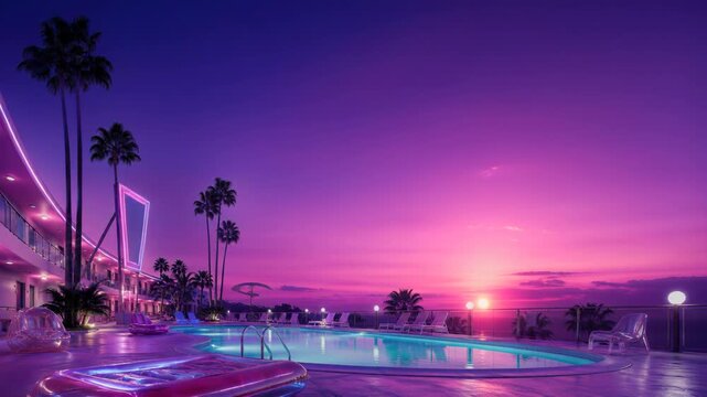 Synthwave resort poolside at dusk with retro neon aesthetic. Palm tree silhouette and purple sunset sky reflecting on water surface. Vacation travel background