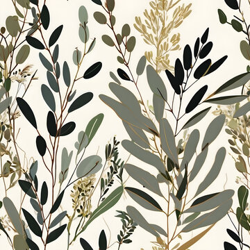 Seamless vector pattern minimalist eucalyptus leaves elegant fine line art drawing botanical illustration soft olive green and warm oat milk background clean scandinavian design