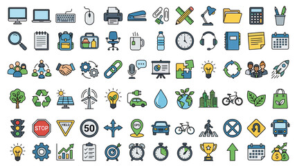 Naklejka premium Business and Technology Icons Set: Office, Finance, Ecology, Travel, and More