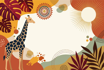 Abstract Giraffe and Tropical Leaves on Warm Boho Background with Sun Motif © protokolvector