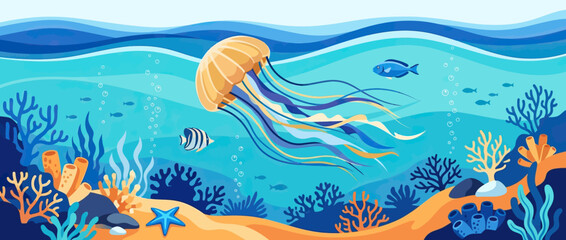 Colorful Jellyfish and Fish swimming in the ocean, underwater coral reef scene © protokolvector