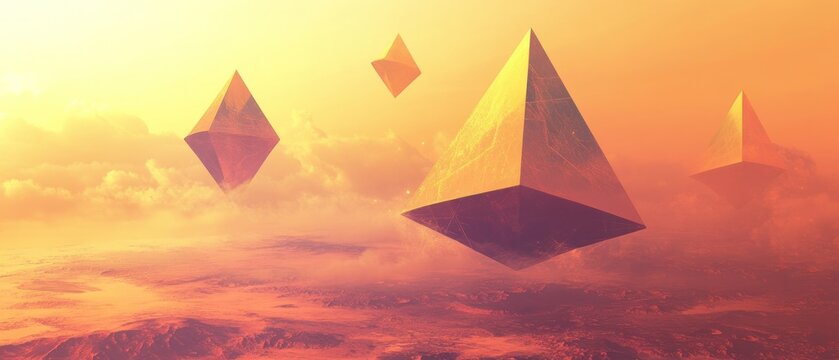 Golden pyramids floating above hazy red landscape under orange sky
