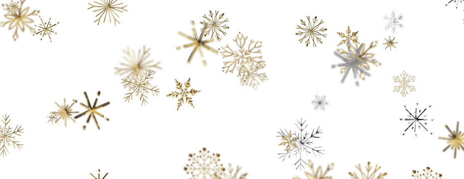 Beautiful scattered golden snowflakes creating a winter wonderland on a clean white backdrop.