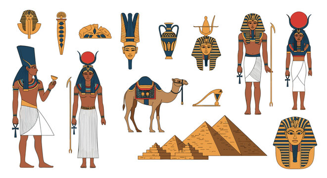 Wide collection of ancient Egyptian symbols including pyramids camel pharaoh masks gods and traditional decorative artifacts.