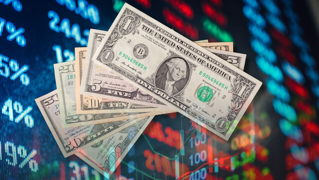 US dollar banknotes and digital stock boards: Economic and trade relations with global currencies, cryptocurrency price fluctuations, cybersecurity, and international transactions