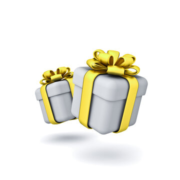 Minimal white present boxes tied with gold ribbon bows or luxury cute gold gift box isolated on white background with shadow minimal creative idea concepts 3D rendering