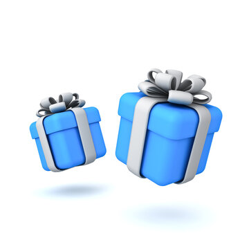 Minimal blue present boxes tied with white ribbon bows or cute blue gift box isolated on white background with shadow minimal creative idea concepts 3D rendering