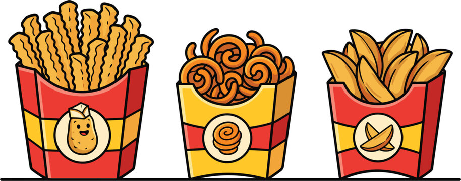 Cute french fries vector icon set with crinkle cut fries curly fries and potato wedgesCute french fries vector icon set with crinkle cut fries curly fries and potato wedges