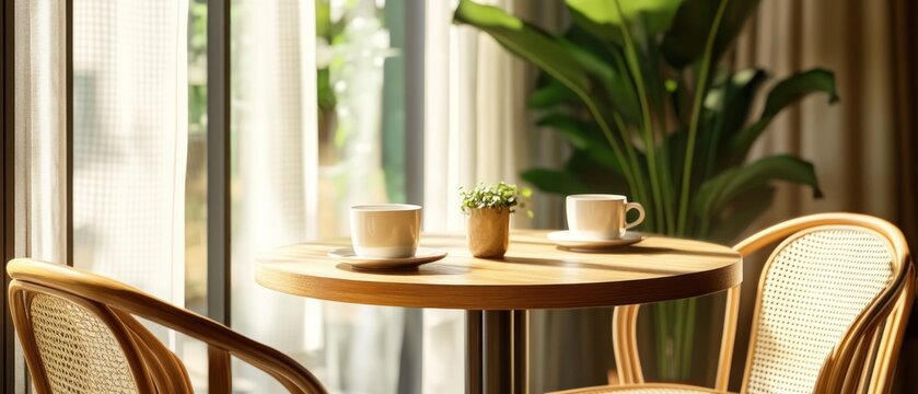 Sunlight illuminates two coffee cups on a wooden table in a peaceful setting