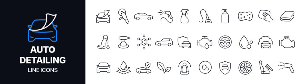 Modern car wash services line icon set featuring auto detailing, vehicle cleaning, pressure washing, waxing, interior care, maintenance, and automotive service symbols.