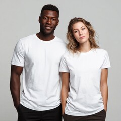 Fototapeta premium Two people in white t-shirts smiling against a neutral background.