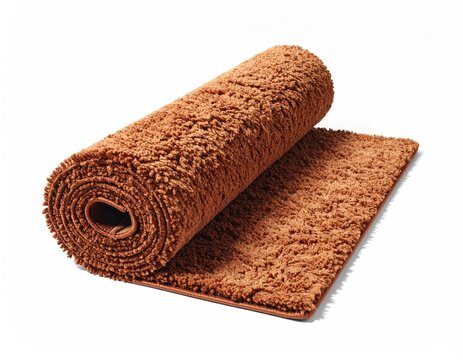 A rolled-up brown plush mat lies on a matching unrolled mat