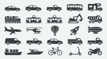 Transportation vehicles icons set: cars, trucks, planes, boats, bikes, trains © Vectora
