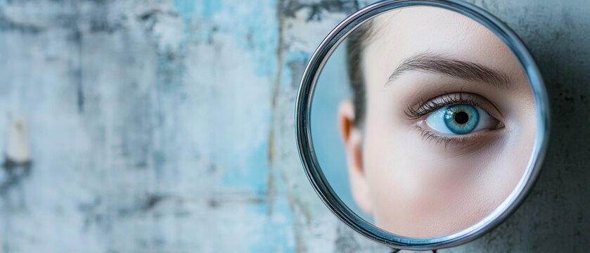 Close up woman eye reflection handheld mirror soft light beauty skincare