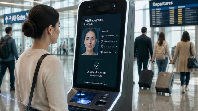 Woman stands before facial recognition kiosk in airport. Screen displays her verified identity with checkmark