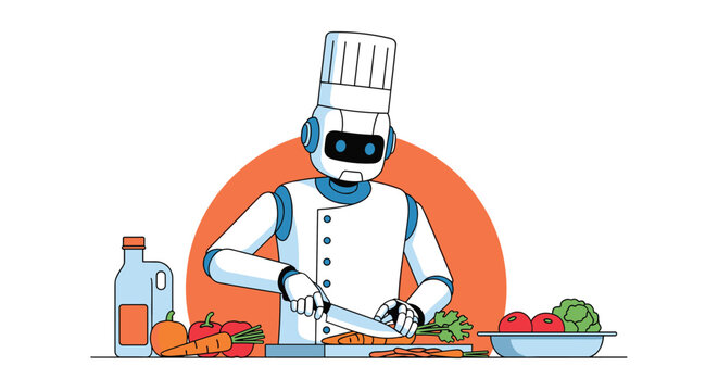 Modern white robot chef wearing a traditional tall toque is precisely chopping vegetables on a wooden board in a high-tech kitchen setting.